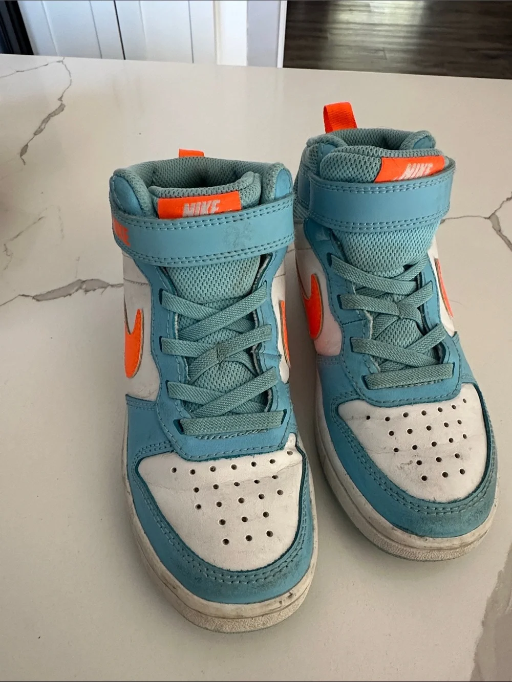 Nike Kids High-Top Sneakers in White, Teal & Orange